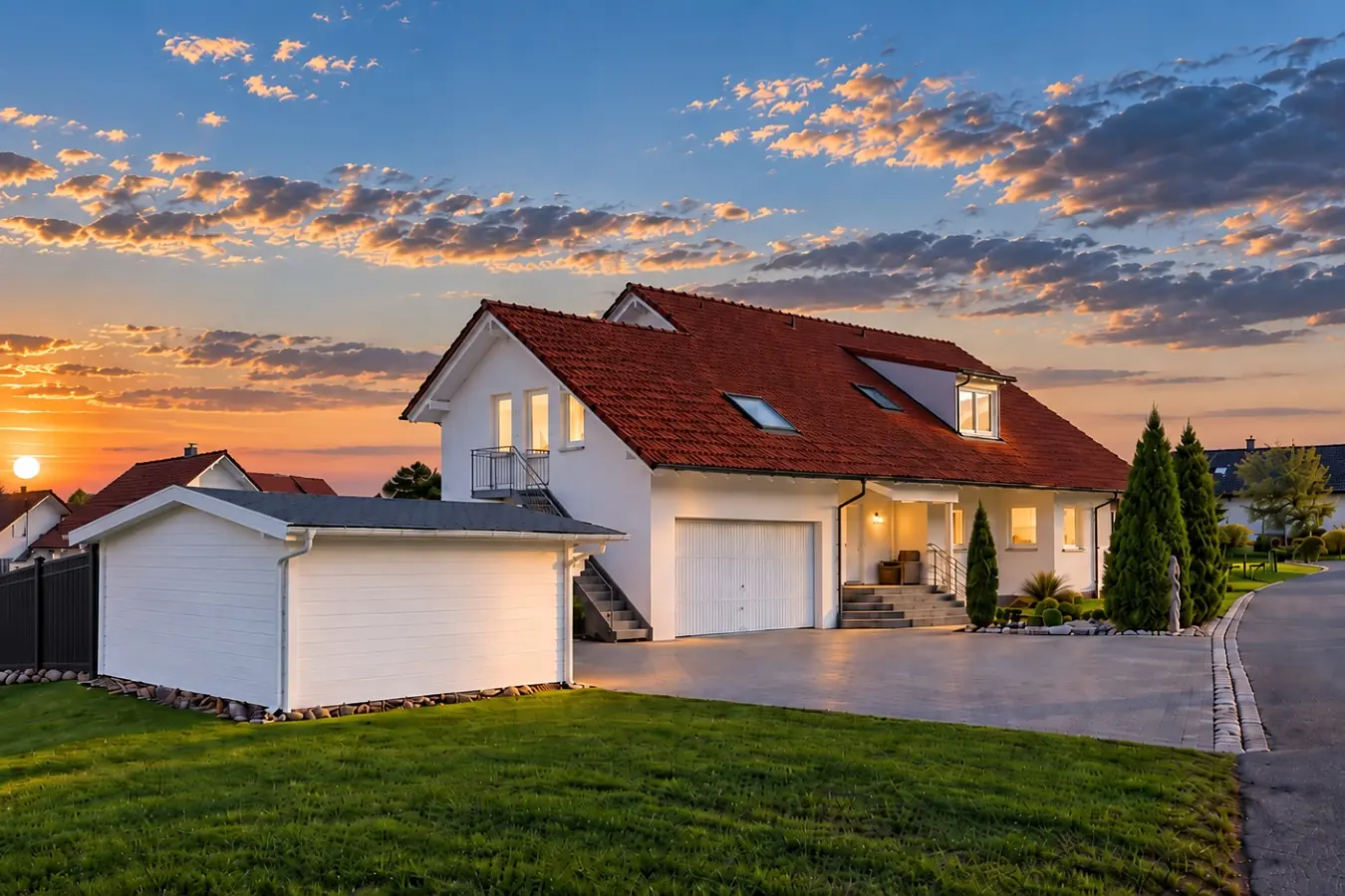 Das Haus der Ferienwohnung im Abendlicht: weiße Fassade, rotes Ziegeldach mit Dachfenstern, beleuchtete Fenster, davor die weiße Garage, die gepflasterte Zufahrt und Rasen; links geht die Sonne über dem Ort unter.