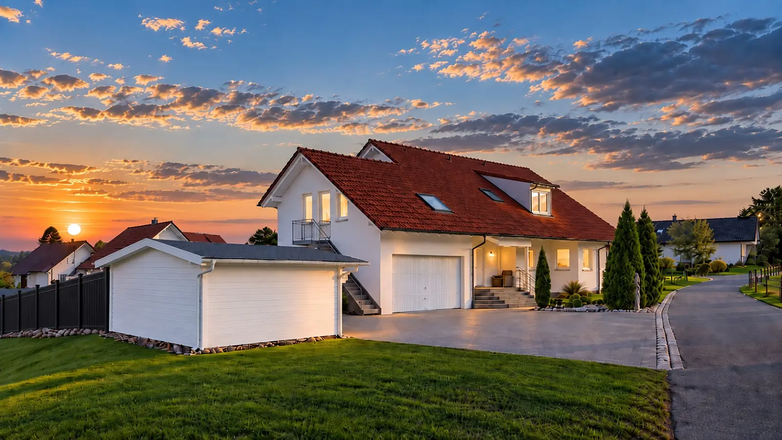 Das Haus der Ferienwohnung Casa Julia bei Sonnenuntergang — Standbild zum Werbejingle.