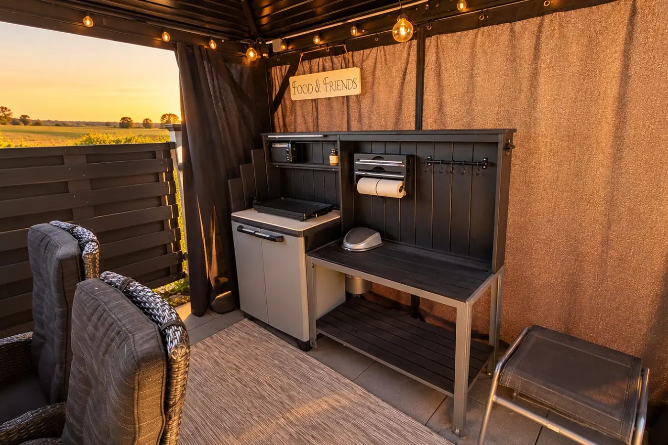 Außenküche unter dem Pavillon: Edelstahl-Arbeitsplatte mit Küchenrolle und Hakenleiste, darunter Kühlschrank und Grill, Schild «Food & Friends», davor zwei Korbsessel, im Hintergrund Felder im Abendlicht.
