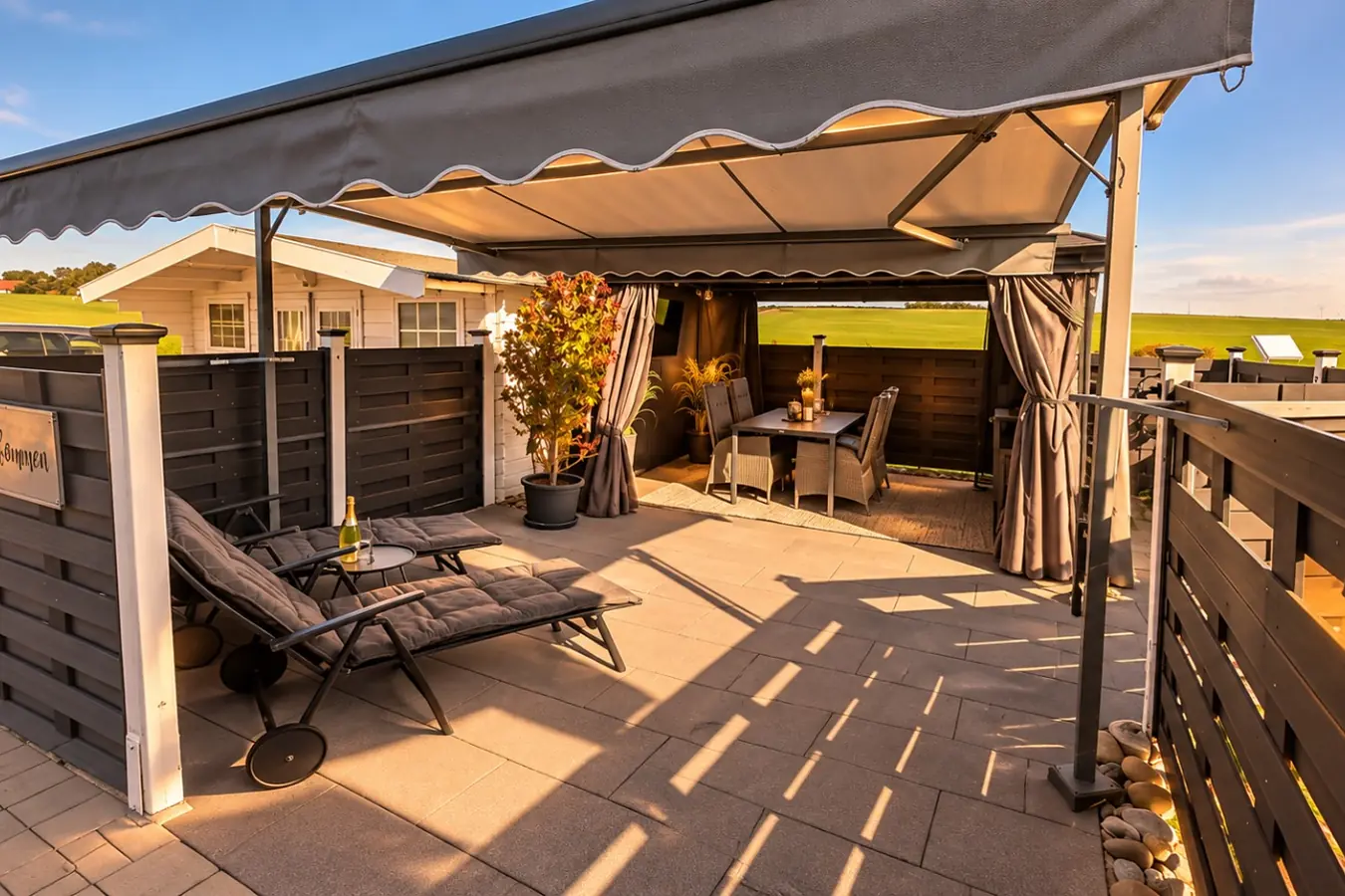 Die Terrasse bei Sonnenschein: ausgefahrene Markise über der gepflasterten Fläche, ein Liegestuhl mit Beistelltisch, dahinter der Pavillon mit Essplatz und der Blick über die Felder.