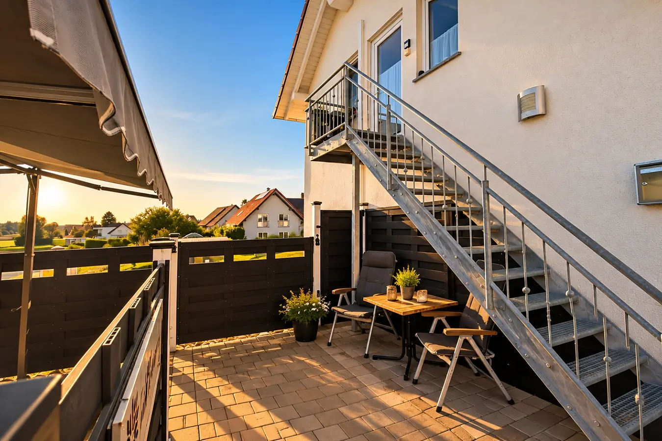 Die Außentreppe zur Ferienwohnung im Abendlicht: Metalltreppe an der hellen Hausfassade, davor ein kleiner Bistrotisch mit zwei Stühlen auf dem gepflasterten Platz, daneben der Briefkasten.