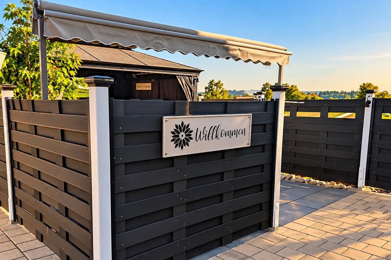 Der Eingang zum Terrassenbereich: dunkler Sichtschutzzaun mit einem Schild «Willkommen», dahinter der Pavillon und der offene Blick über Wiesen und Hügel.