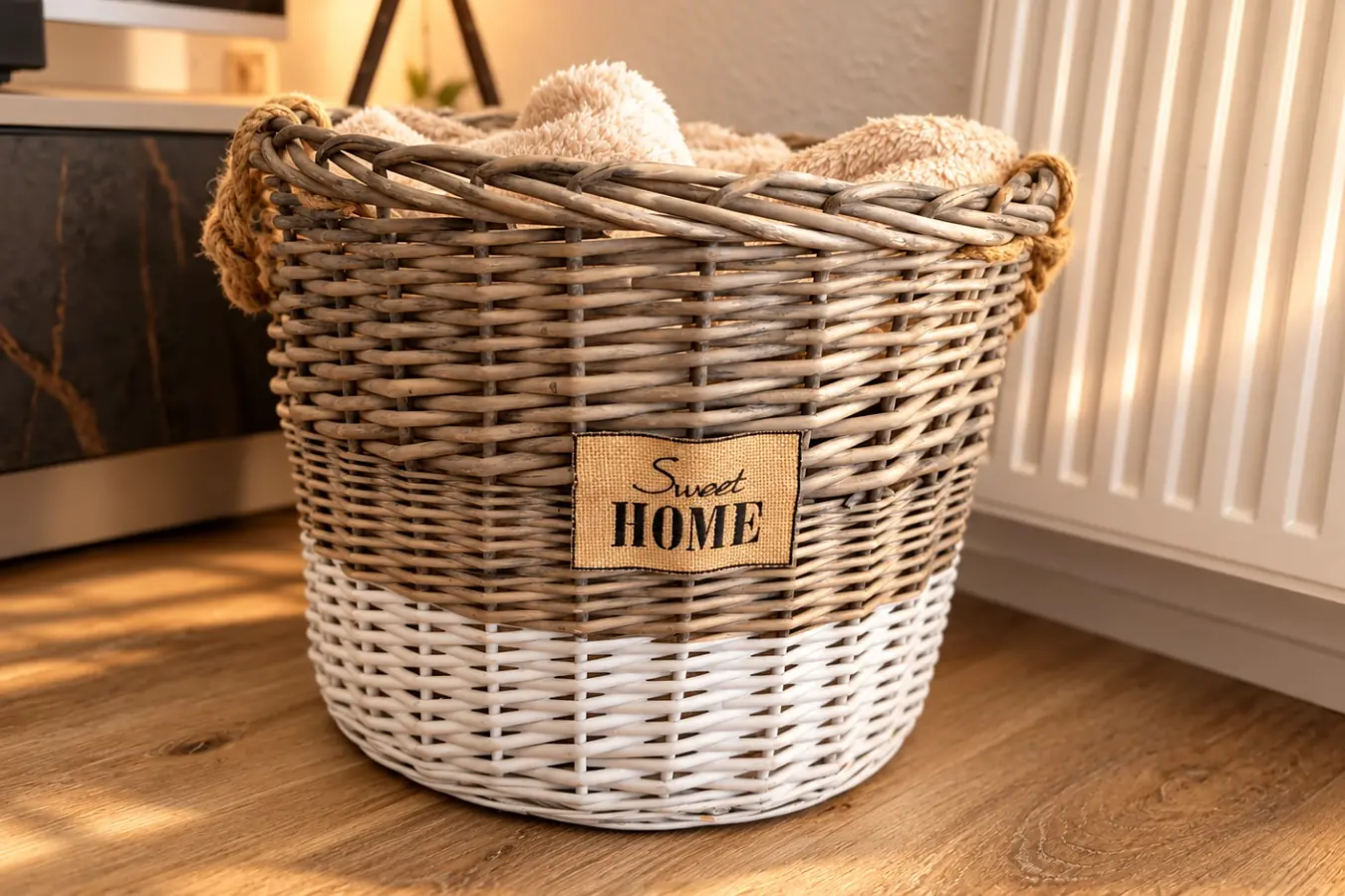 Großer Korb mit der Aufschrift «Sweet Home», gefüllt mit zusammengelegten hellen Handtüchern und Decken, daneben ein Heizkörper auf dem Holzboden.